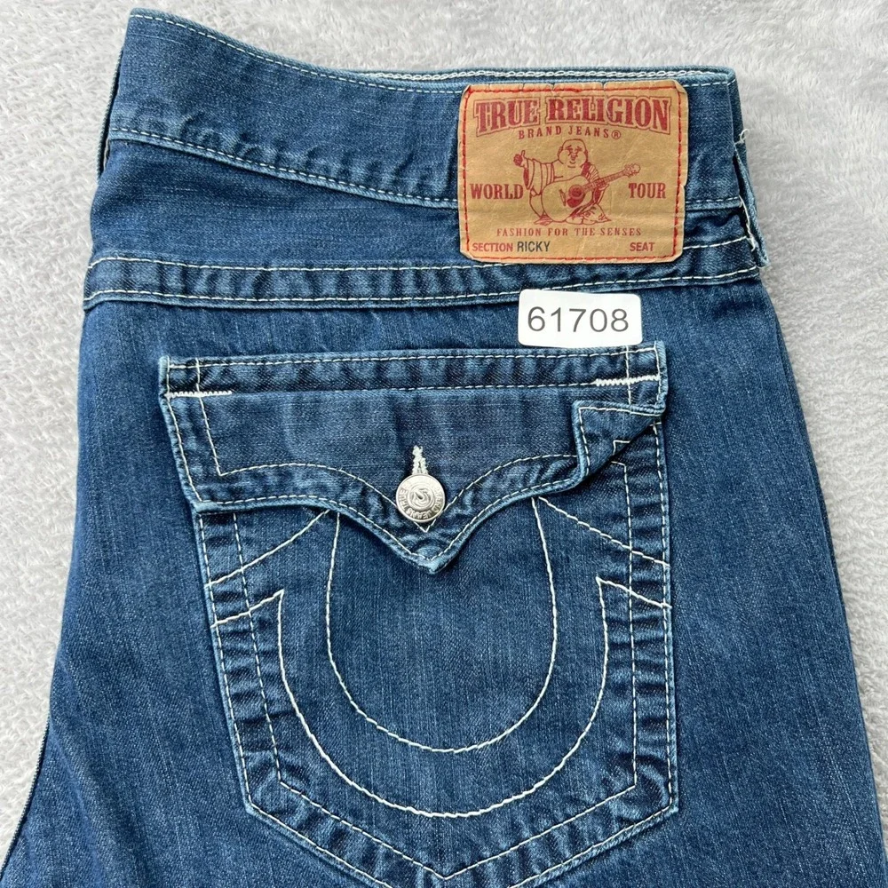 True Religion Ricky Big T Jeans 42 Straight Blue‎ Mens Y2K Contrast Stitch USA